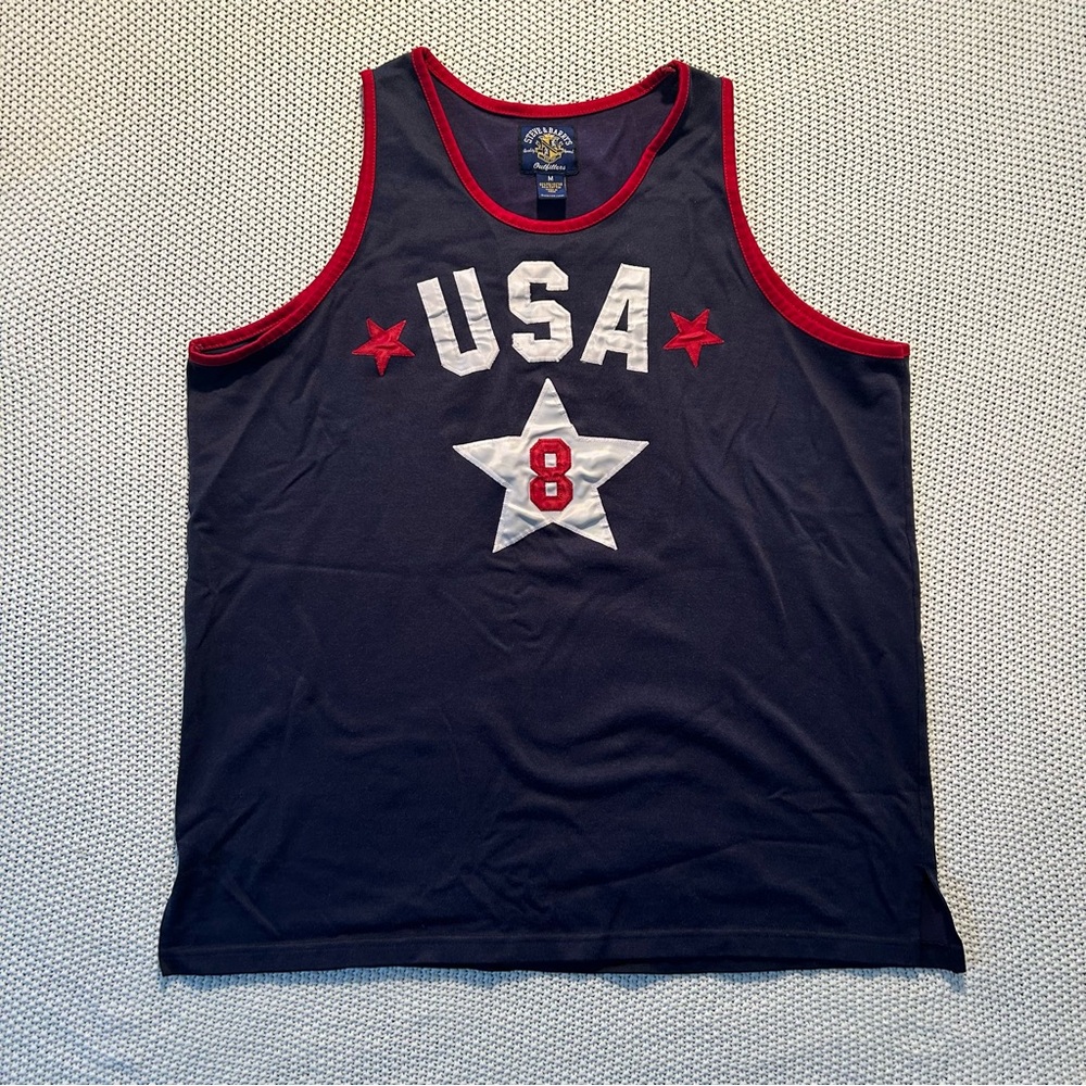 Vintage Y2K Steve & Barry's Embroidered USA #8 Blue Tank Top with Red Trim